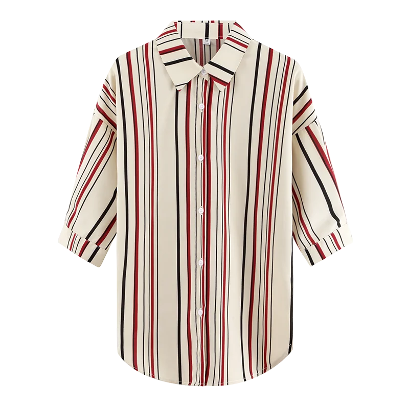 

Fashion Women Blouses Striped Chiffon Shirts Lapel Short Sleeve Female Loose Tops Chic #H76