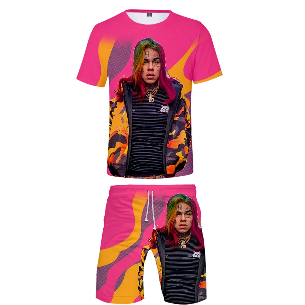 

Комплект спортивной одежды 6ix9ine мужской в стиле хип-хоп, комплект из футболки и шортов в стиле Харадзюку, повседневный комплект из 2 предмето...