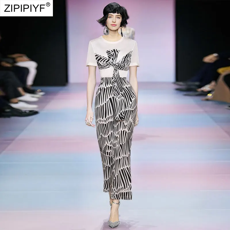 

2021 Summer Runway Fashion O Neck Short Sleeve Striped Bow Bandage Design T-Shirt High Waist Loose Street Style Sets Z420