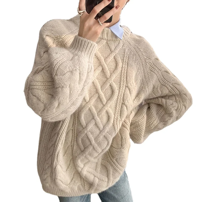 

Женский свитер вязаный пуловер 2021 Новинка Осень-Зима Свободный стиль без одежды верхняя одежда из грубой пряжи трикотажный топ