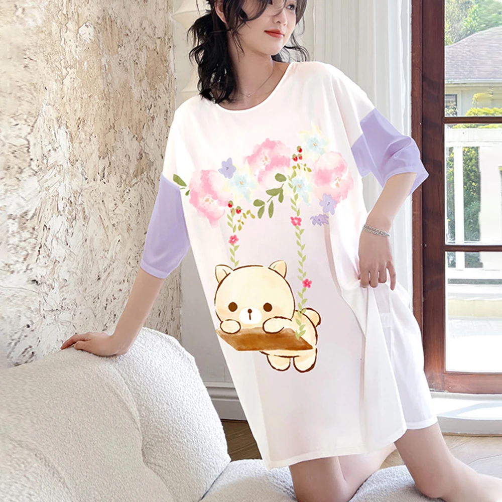

ChunShang New Sexy Pajamas Ladies Summer Satin Large Version Round Neck Pullover Skirt Cute Printing Nightdress