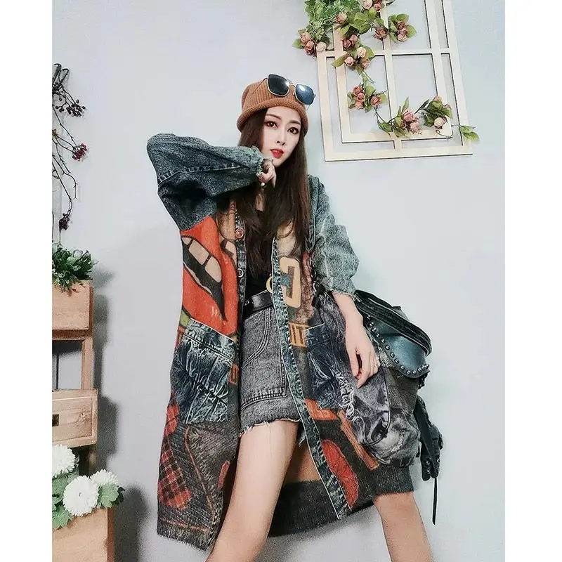 

Plus Size Knitted Spliced Denim Jacket Women Autumn New Loose Thin Asymmetrical Hooded Oversized Letter Jean Jacket