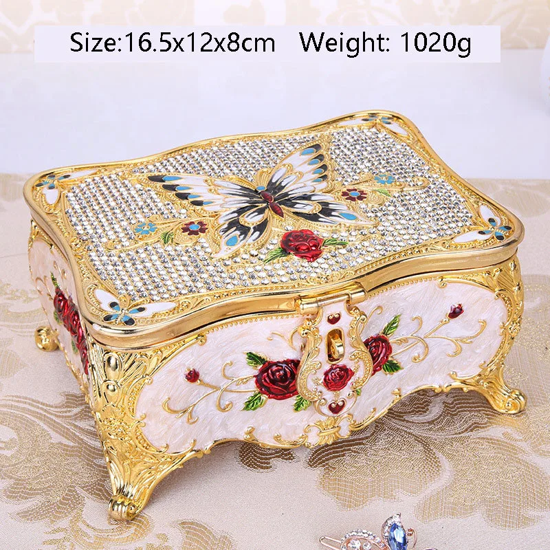 Luxury Vintage Rectangle Metal Rose flower Jewelry Box Trinket Organizer Storage Box with Butterfly Pattern for Women Girls