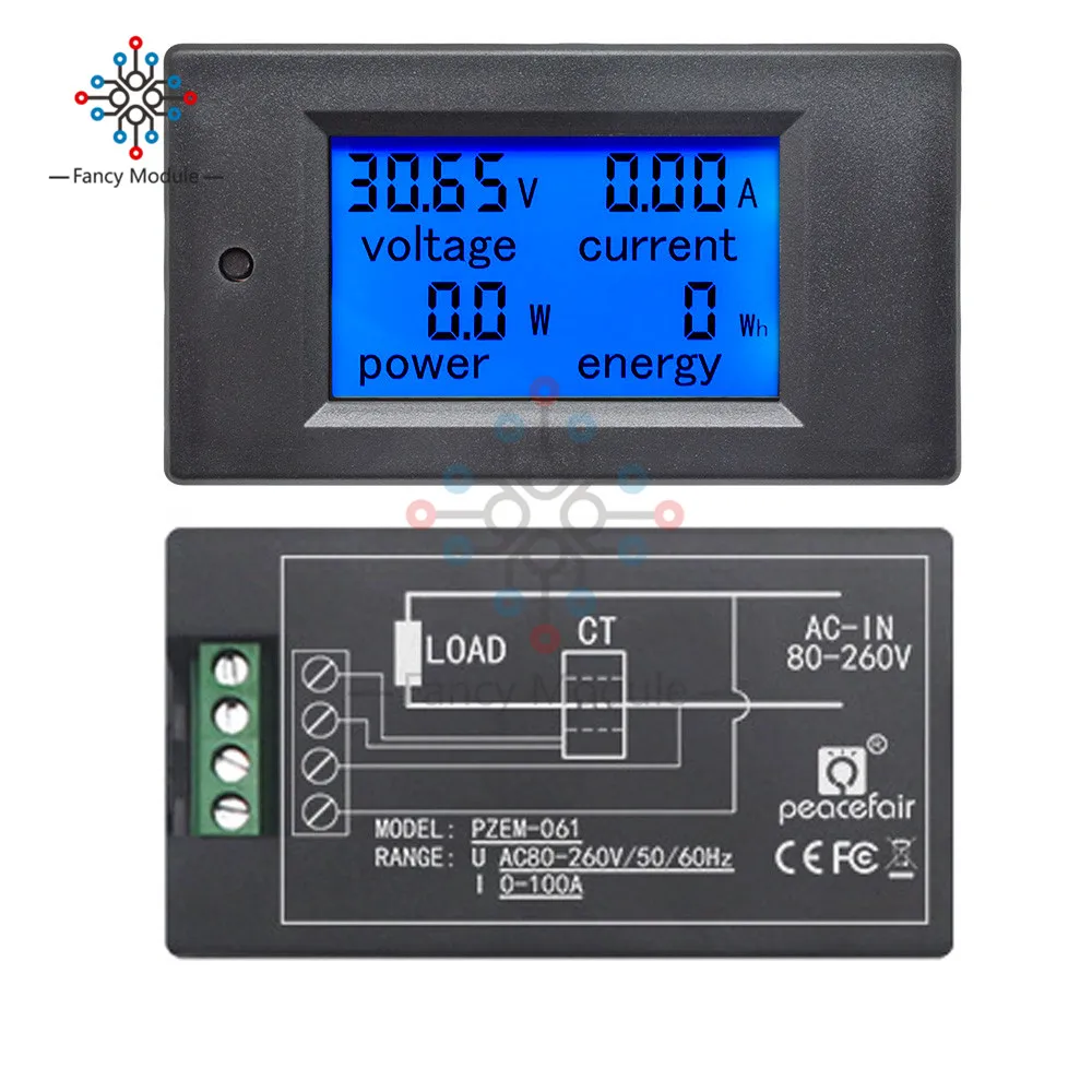 

PZEM-061 AC 100A 80-260V Digital Energy Meter Voltage Power Watt Meter Power Energy Voltmeter Volt Watt Meter LCD Panel with CT