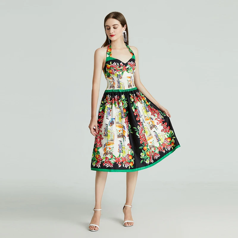 

2021 Bohemian Floral Print Vacation Elegant Party Mini Dress Fashion Runway Spaghetti Strap Elastic Waist Backless Beach Dress