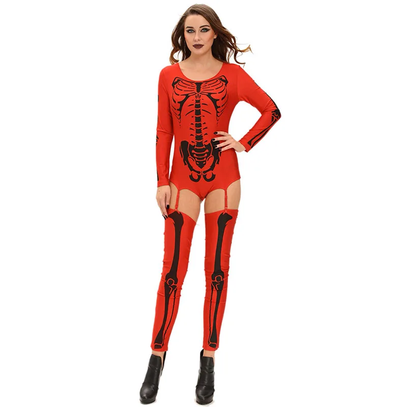 Для взрослых женщин шикарный Хэллоуин красный белый костной ткани с принтом