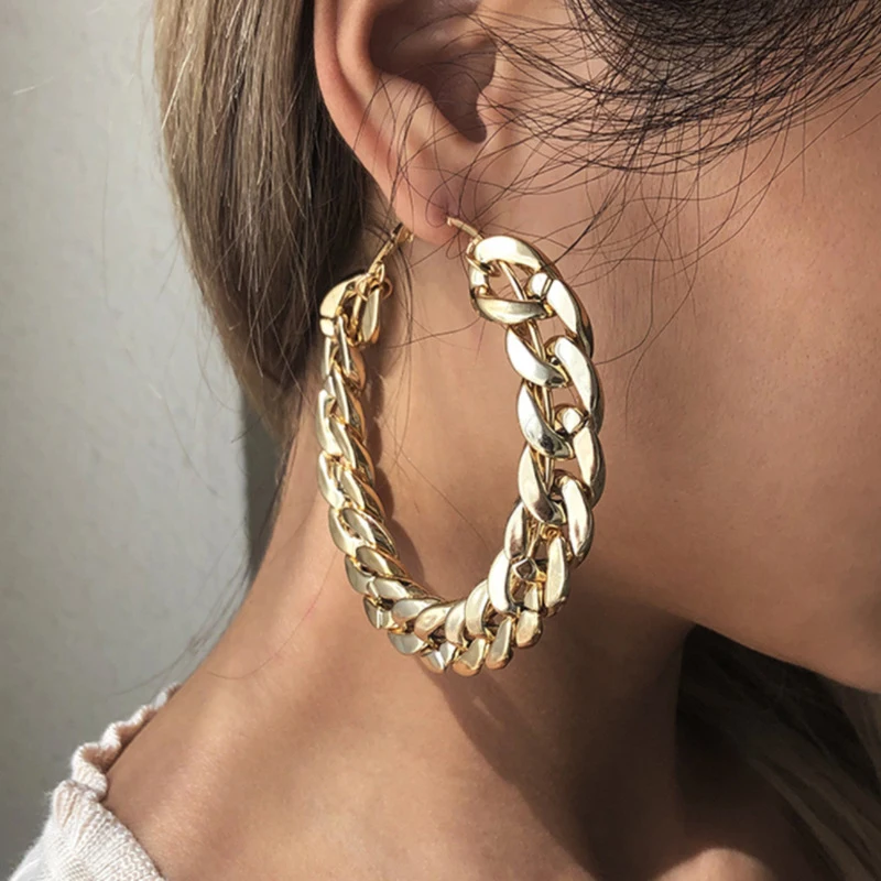 

2021 Ins Gold Chunky Chain Round Hip-hop Rock Hoop Earrings Trendy Korean Fashion Women Party Jewelry