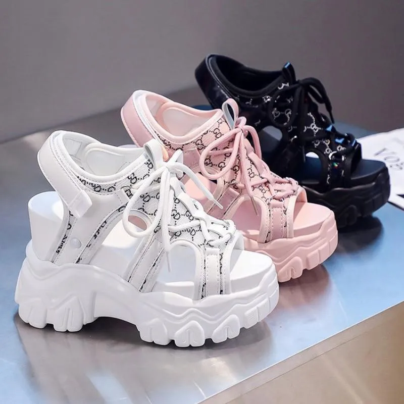 

Сандалии женские повседневные на платформе, босоножки на танкетке с перекрестными ремешками, открытый высокий каблук, уличные спортивные п...