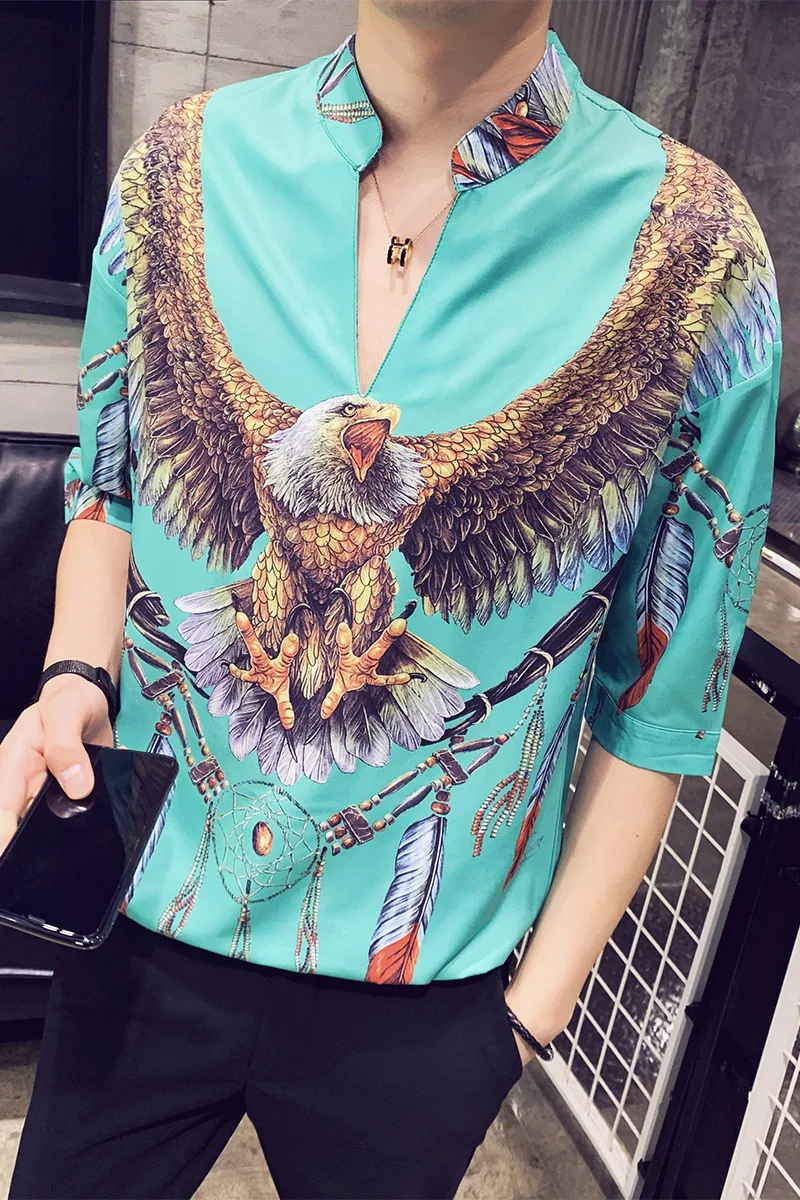 

M-5XL!Summer style printed short-sleeved shirt for male Korean version loose fashion ice silky slip seven-point sleeve web celeb