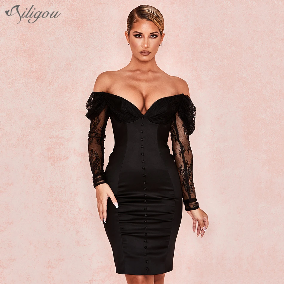 Женское облегающее платье Ailigou черное кружевное с открытыми плечами V образным