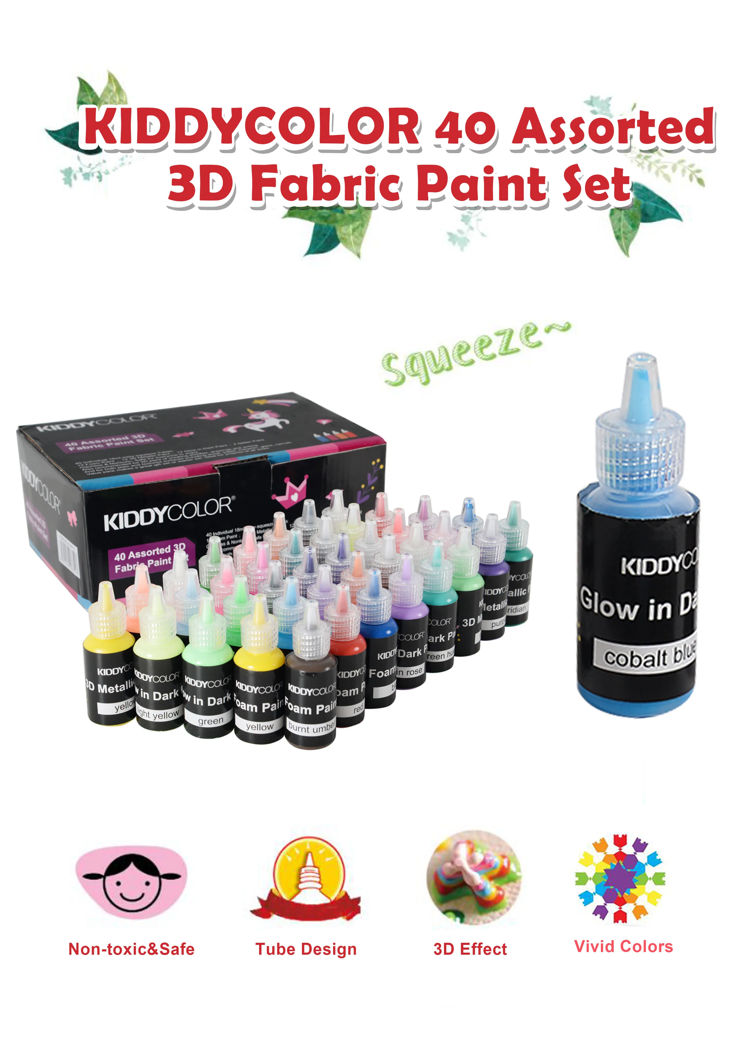 KIDDYCOLOR 40 3D тканевый набор школьных принадлежностей, без запаха и нетоксичный для текстиля, ткани, холста, дерева, керамики, стекла