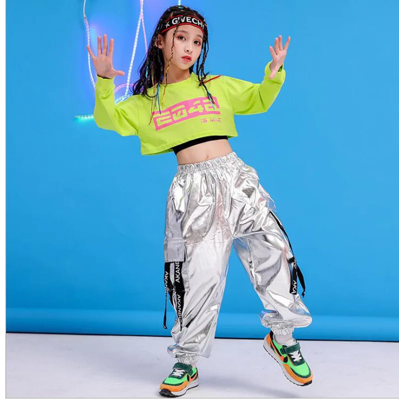 Детская одежда в стиле хип хоп Зеленый свитер Укороченный топ Повседневные штаны