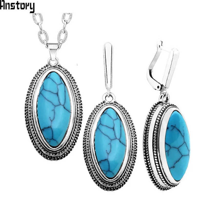 Double Layer Rhombus Red Stone Set Retro Necklace Earrings Set For Women Antique Silver Plated Fashion Jewelry