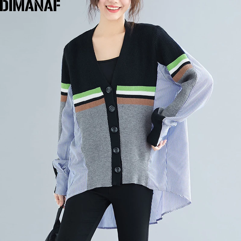 Muqin96082CN DIMANAF Плюс Размер Женская блузка рубашки Осенняя офисная Дамская одежда большого размера свободная хлопковая трикотажная полосатая сращенный кардиган - Цвет: Muqin96082CN