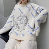 deeptown gothic streetwear angel print knitted oversize sweater women grey korean style harajuku punk jumper female white tops