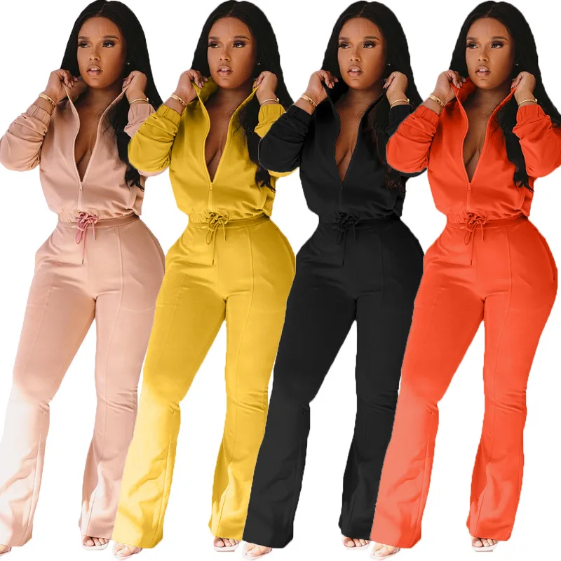 

Zoctuo Solid Stand Collar Two Piece Outfit For Women Long Sleeve Zipper Jacket Flare Pant Sets Drawstring Casual Two Piece Sets
