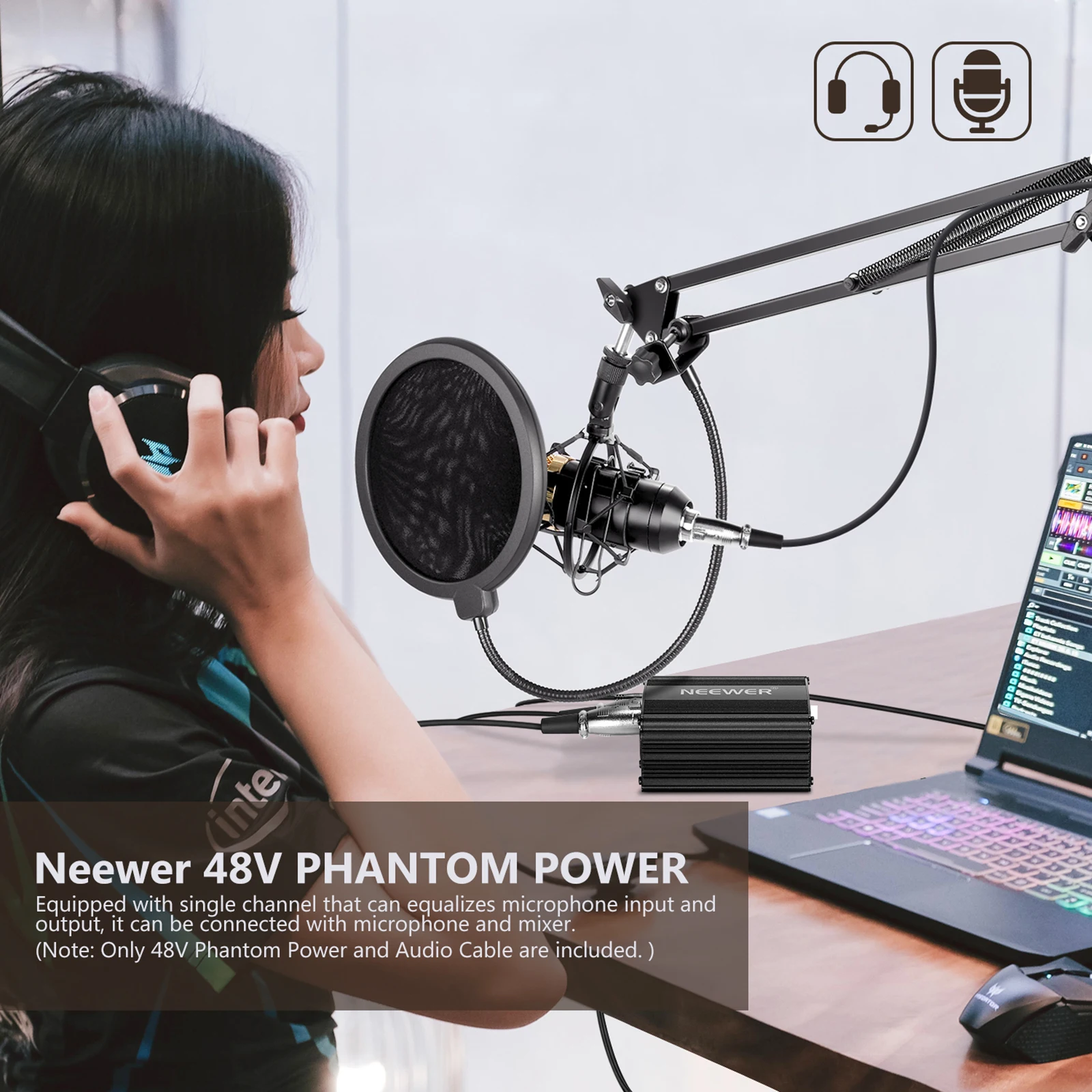 

Neewer Microphone Phantom Power 1-Channel 48V Phantom Power Supply+Adapter+XLR Audio Cable for Any Condenser Mic Recording