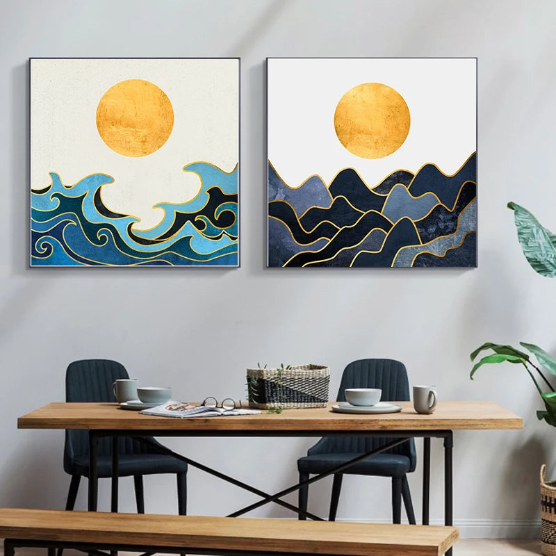 Абстрактная Картина на холсте с изображением утреннего солнца восходящего синей