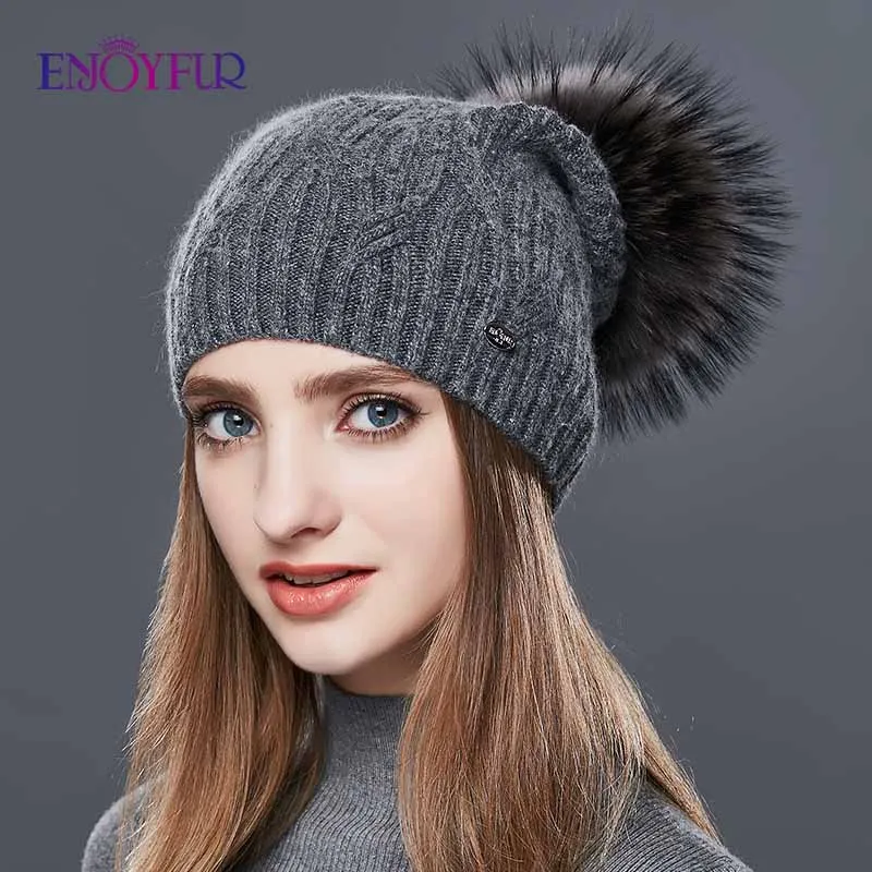 Женские вязаные кашемировые шапки ENJOYFUR, связанные узором «цепочка» шапки с помпоном, для осени и зимы