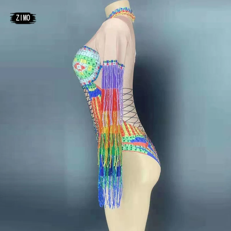 rhinestone Multi-color fringe one piece bodysuit women sexy crystals leotard dance costume tassel dj party wears festival outfit
