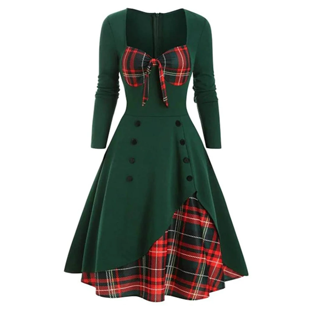 

Women's Vintage Bow Plaid Patchwork Slim Swing Dress Lady Hepburn Style Plus Size 5XL Casual Retro Party 1950s Dresses