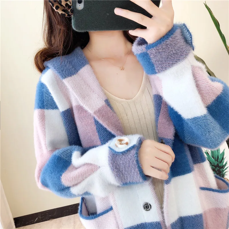 Осенне-зимние новые кашемировые пальто в клетку из норки вязаный свитер с