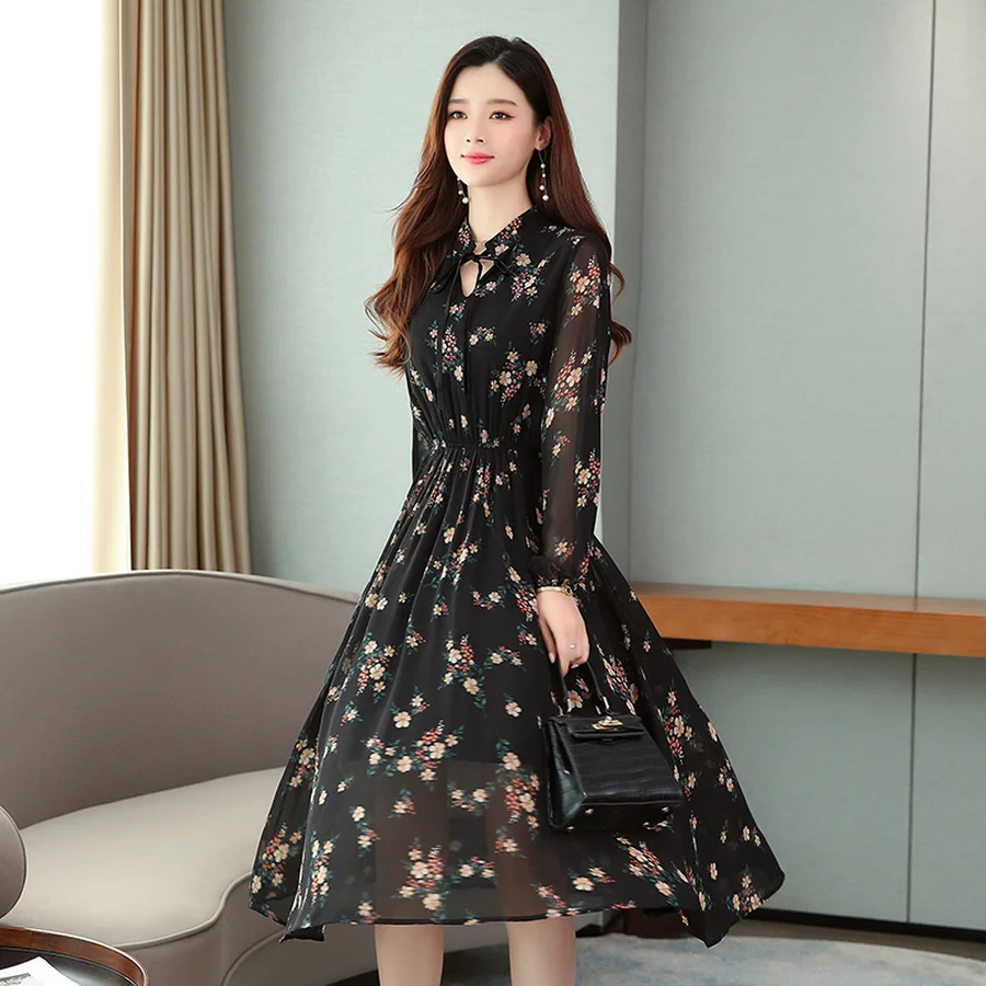 Женское шифоновое платье-миди с длинным рукавом черное винтажное облегающее