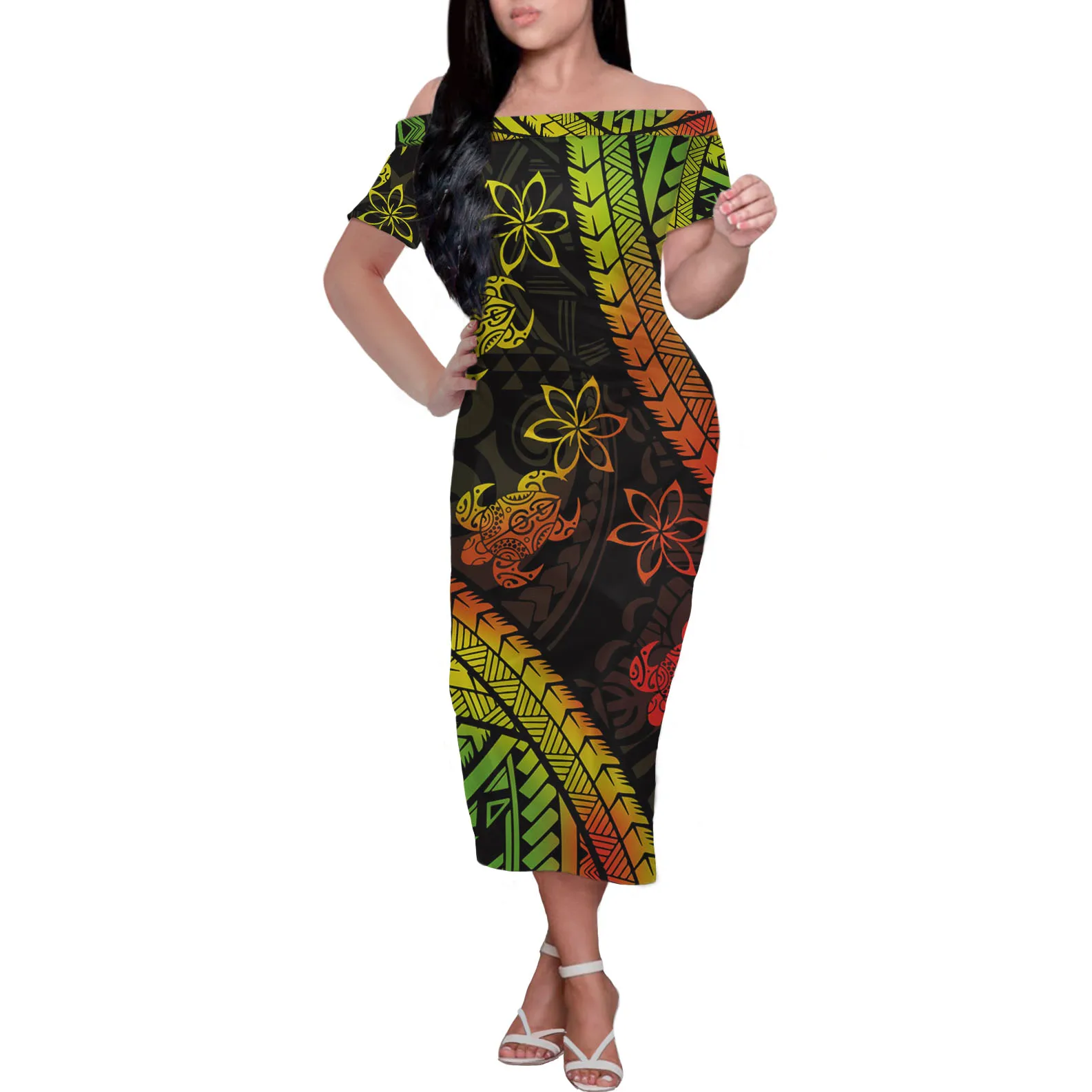 

Женское платье с коротким рукавом, круглым вырезом и открытыми плечами