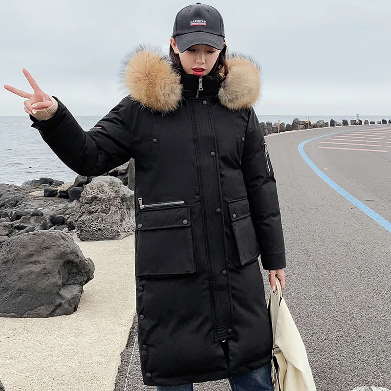 25 градусов зимние X-long parkas пальто женское утепленное плотное пальто с большим меховым воротником Повседневная женская зимняя куртка-парка на синтепоне - Цвет: Черный