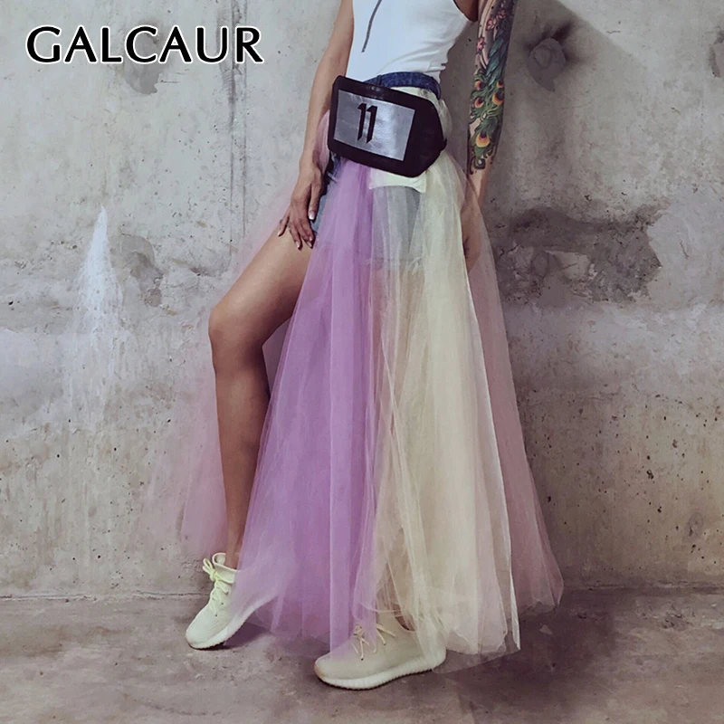

GALCAUR Designer Skirt For Women High Waist Hit Color Patchwork Mesh Colorful Ball Gown Denim Skirts Female 2021 Autumn Clothing