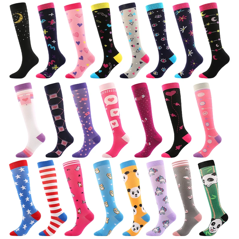 New Compression Stockings For Varicose Veins Woman Men Nylon Elastic Cartoon Love Striped Moon Letter Sports Marathon Calf Socks