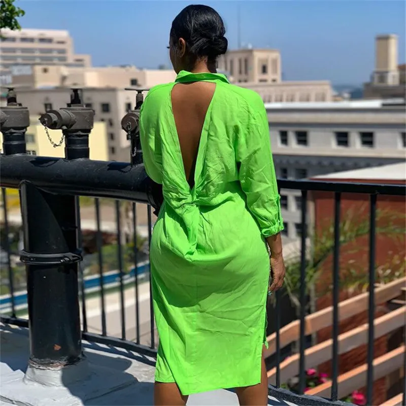 Summer Women's Solid Color Sexy Long Sleeve Lapel Casual Buttoned Open Back Split Front Short Maxi Green Dress | Женская одежда