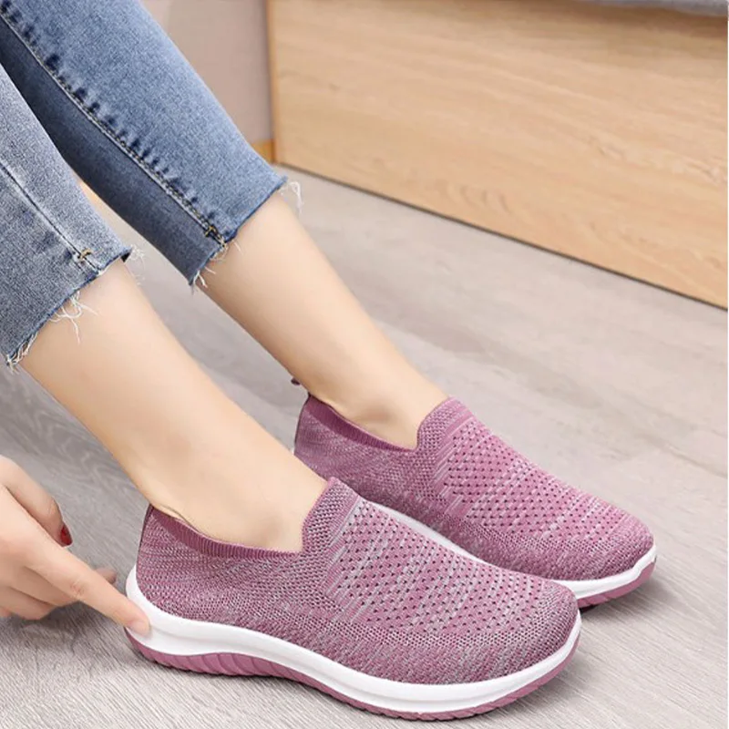 

Женские кроссовки без шнуровки, Вулканизированная плоская подошва, вязаная сетчатая дышащая обувь для ходьбы