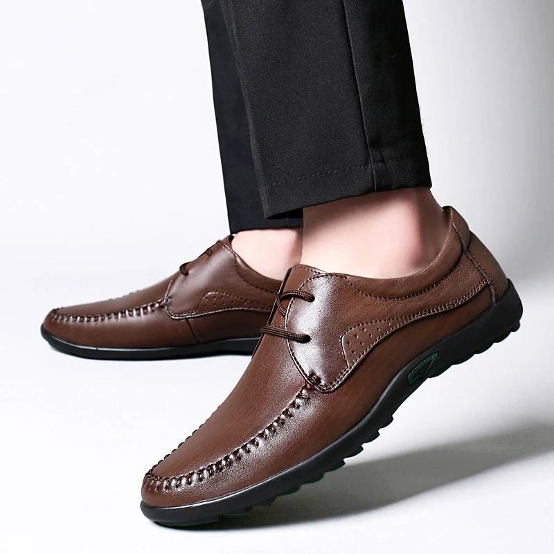 

Мужские туфли на шнуровке, натуральная кожа, Нескользящие, плоская подошва, легкая повседневная обувь для вождения, весна-осень