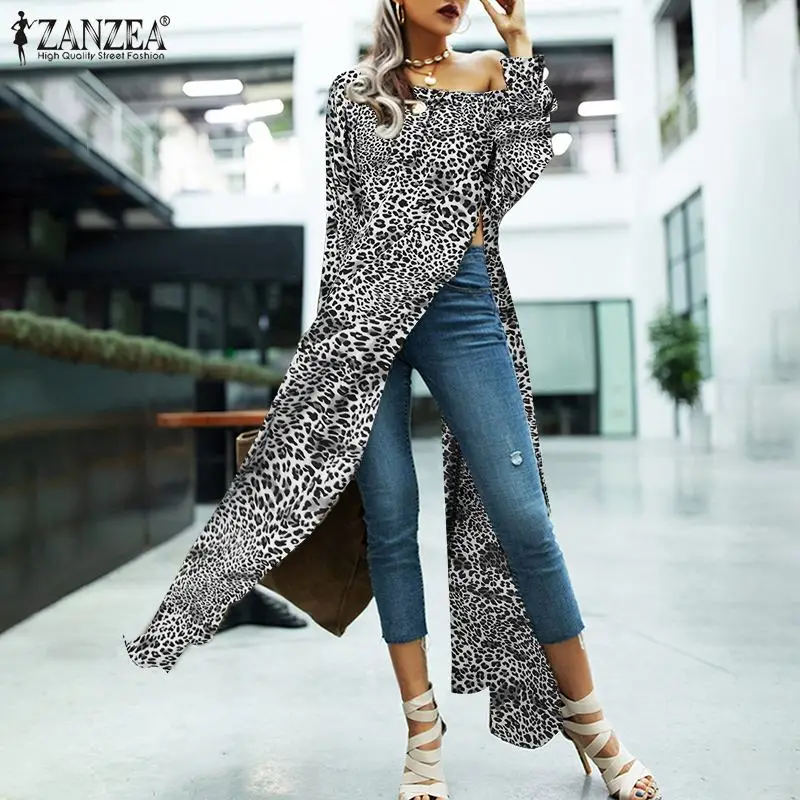 

Модная женская блузка с леопардовым принтом, весна 2021, длинный рукав, макси, топы, ZANZEA, повседневная, с открытыми плечами, большой размер, Blusa ...