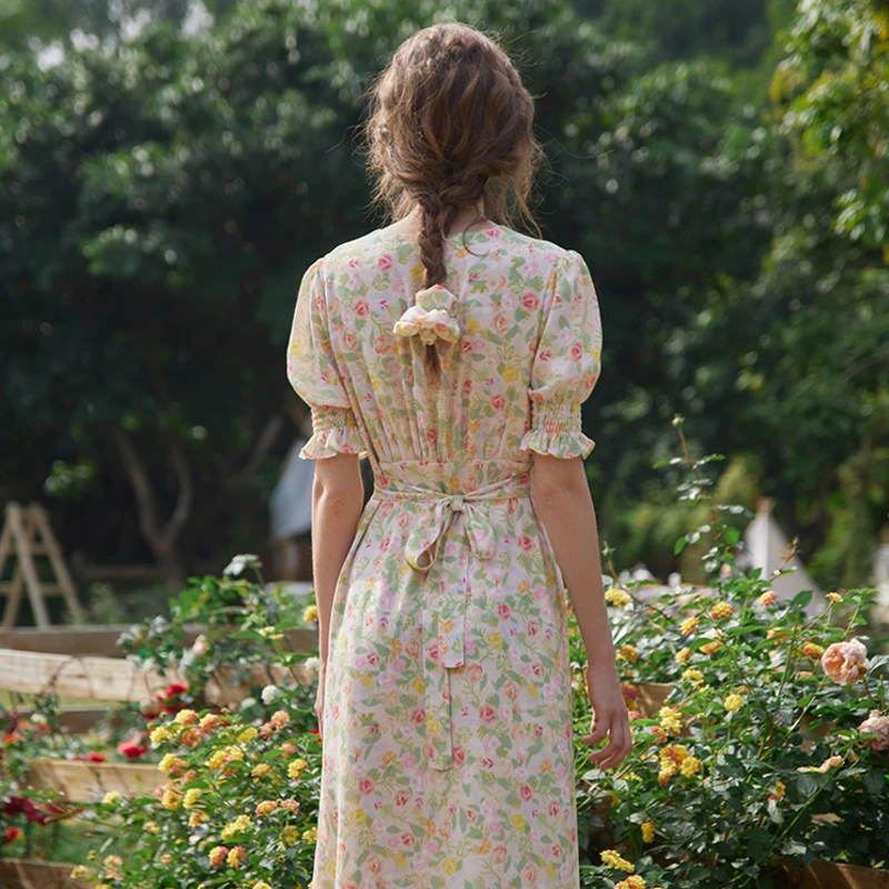 

Summer Elegant Floral Print Boho Long Dress Women Puff Sleeve V-Neck Temperament Vintage Party Beach Chiffon Vestido Female 2021