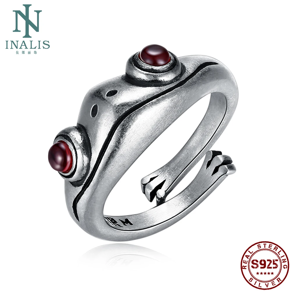 

SILVERHOO S925 Silver Frog Rings For Women Red Garnet Eyes Adjustable Creative Animal Ring Men Female Valentine's Day Gift Punk