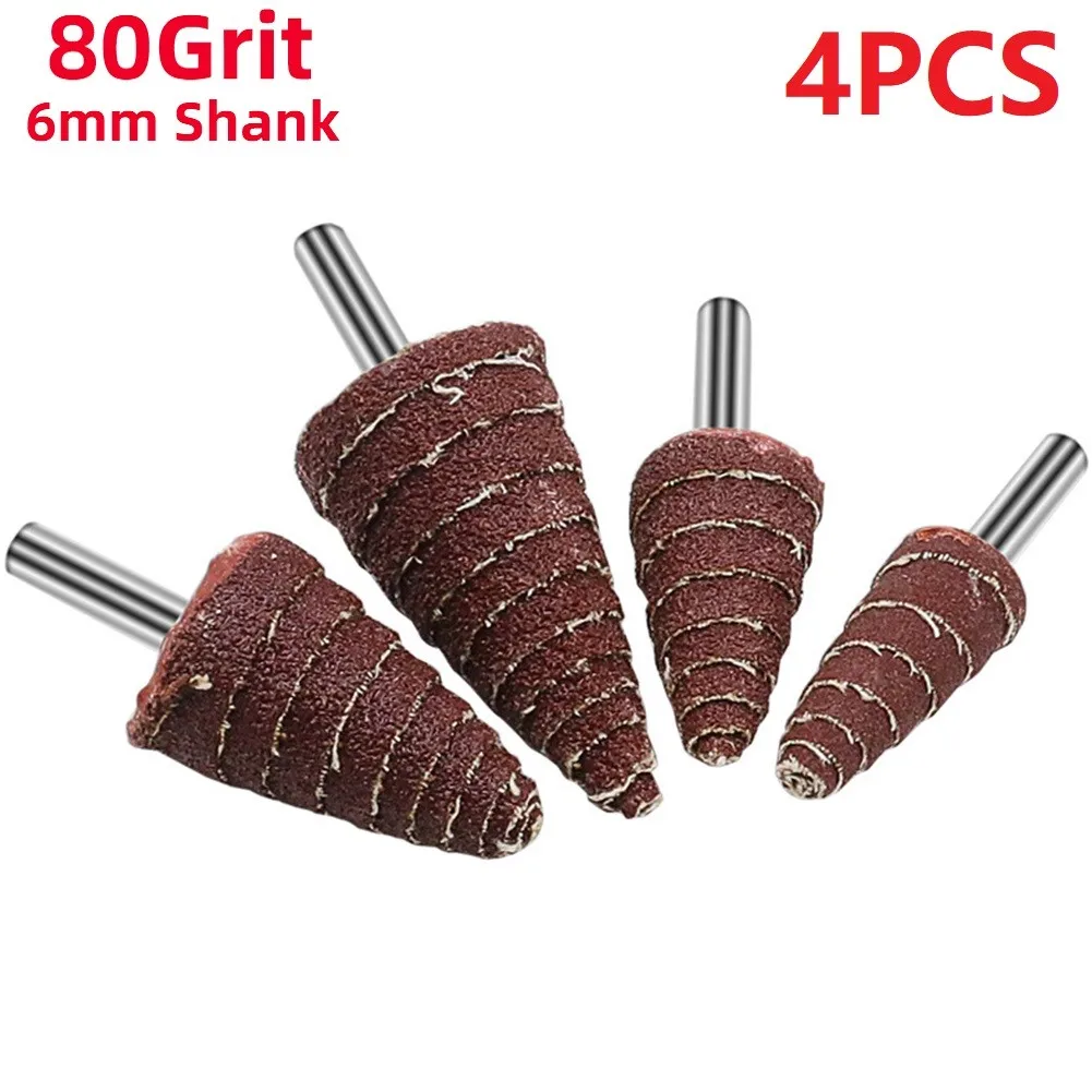 

4pcs6MM Shank 80 Grit Tapered Cone Grinding Head Sandpaper Flap Wheels Polishing Sanding Tools For Drill Wheel Conical Rotary