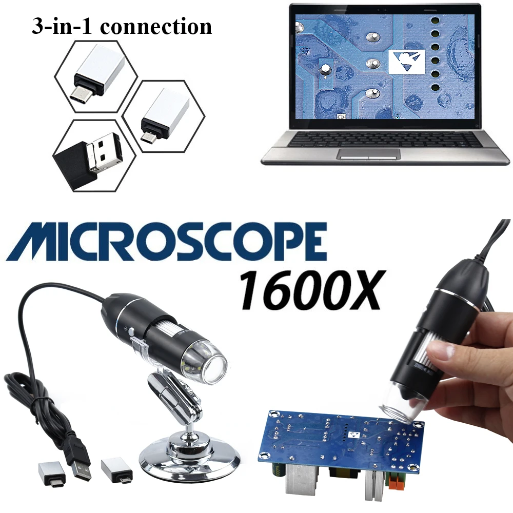 Профессиональный USB HD цифровой микроскоп 1600X 1000X 500X 8 светодиодный электронный