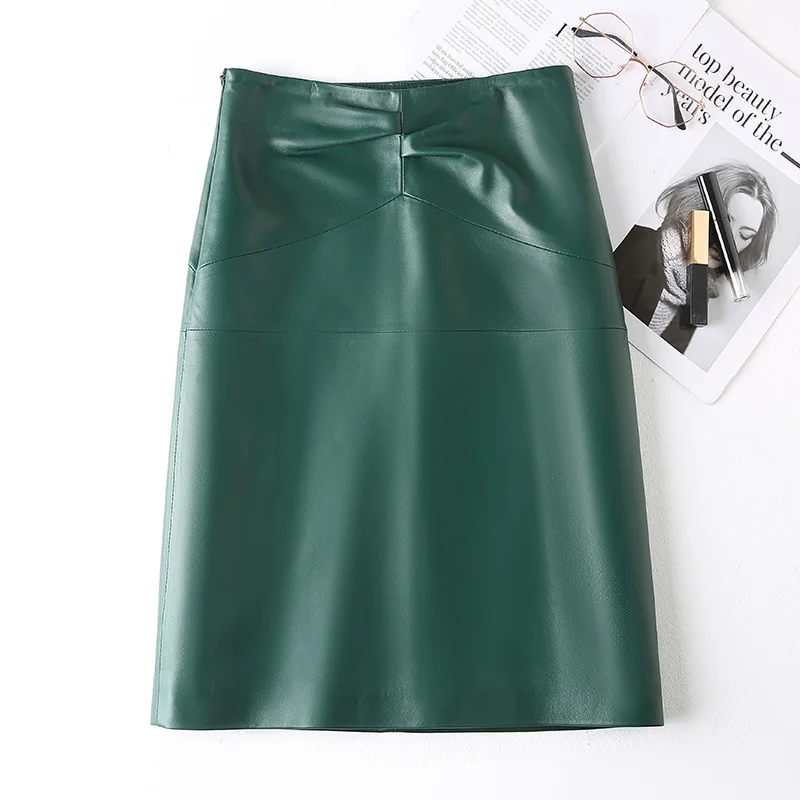 Chic Clothes Women Spring Femme Genuine Leather Wrinkled Wrap Skirt Mujer OL Thin Knee High Bodycon Dark Green/Black Saia Midi