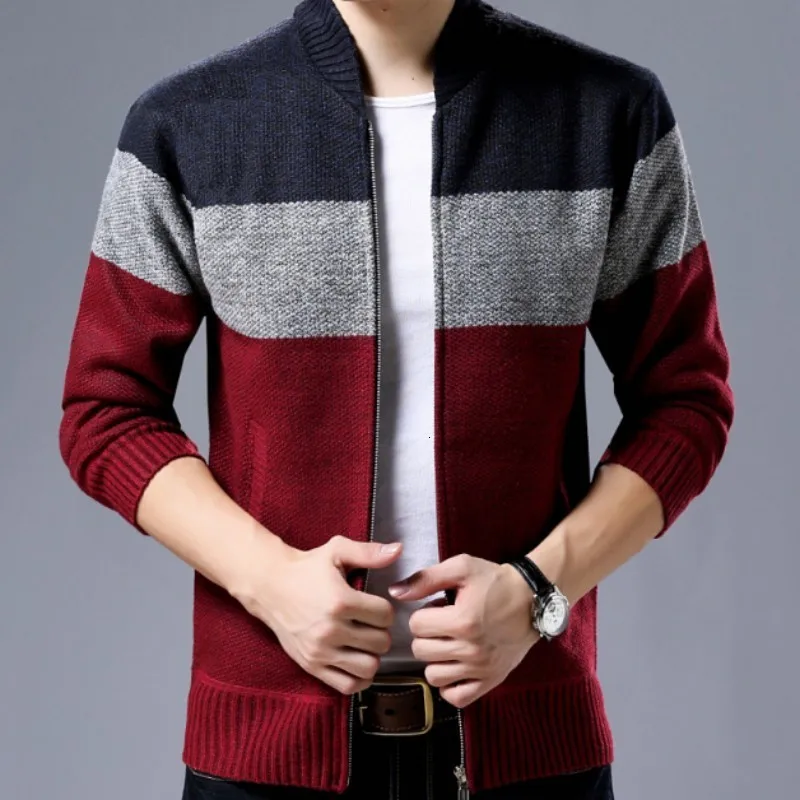 Men Casual Stand Collar Knitting Sweaters Mixed Colors Striped Cardigan Sweater Zipper Winter New Warm Outerwear M-3XL |