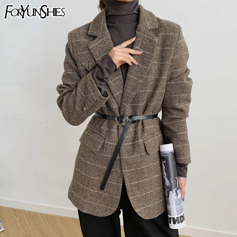FORYUNSHES Женский Стильный шерстяной клетчатый Блейзер утепленный ретро пиджак с