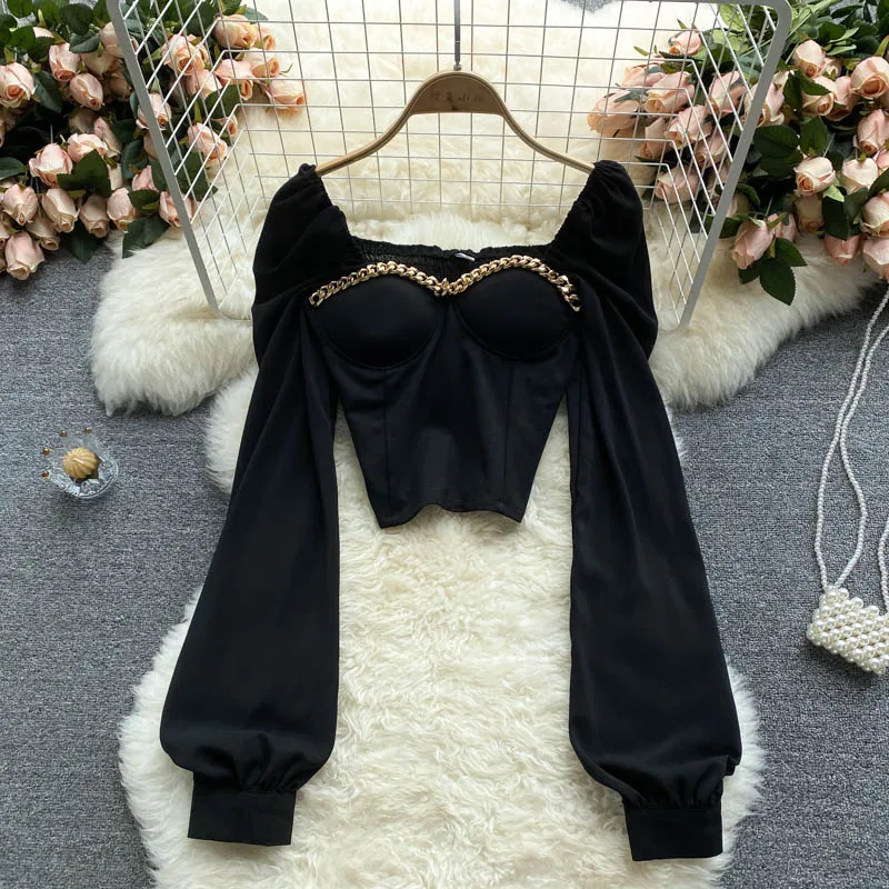 Autumn Clothes New Women Long Sleeves T-shirts Casual Slim Vintage Aesthetic Chain Palace Femme Crop Top Solid Sexy Streetwear