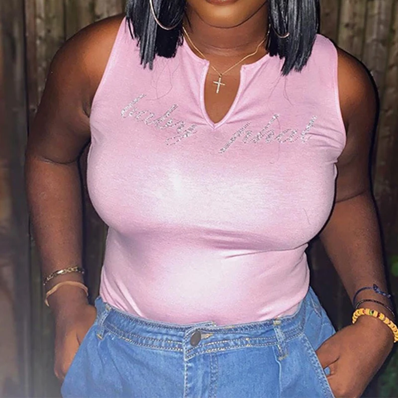 

Diamond Letter Pink Cute Tank Top Female Casual Workout Gym Clothing Deep V Neck Slim Sexy Club Crop Tops Summer Black