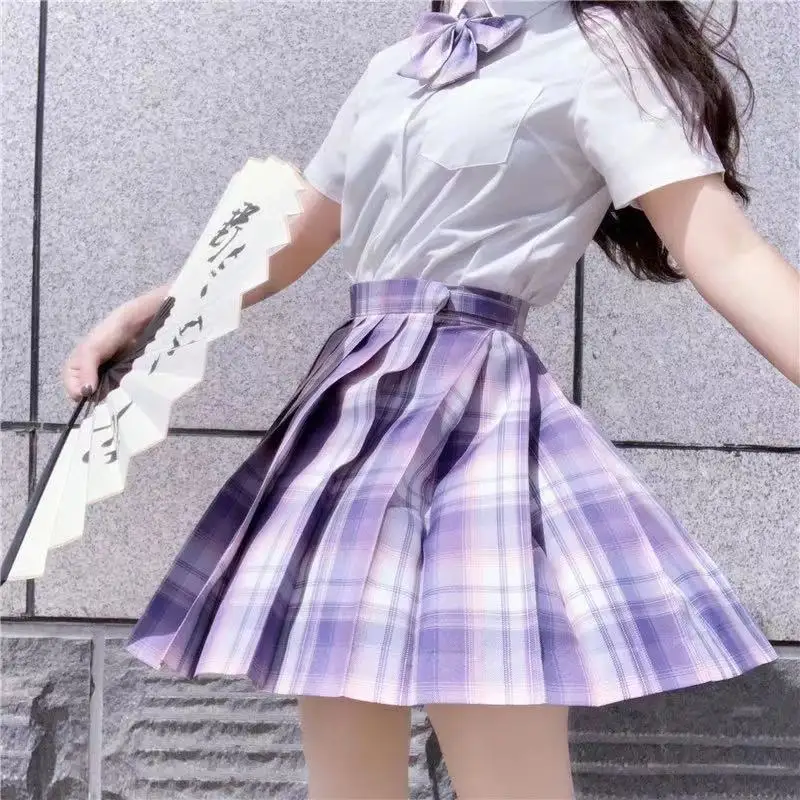 

Japanese School Pleated Skirts JK Uniforms High Waist A-line Plaid Skirt Sexy For School Girl Uniform Woman 2021 Summer Full Set
