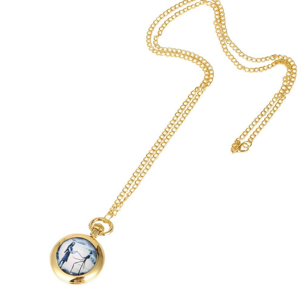 

Christmas Eve Scare Theme Pocket Watch Yellow Dial With Roman Numerals Gold Necklace Chain Pendant Clock Men Women Gifts