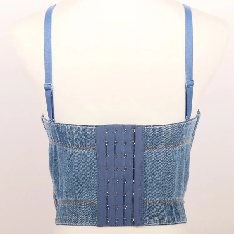 Sexy Backless Handmade Iron Tree Pearl Camis 2020 New Push Up Spaghetti Strap Padded Wire Free Denim Slim Crop Tops For Dancer