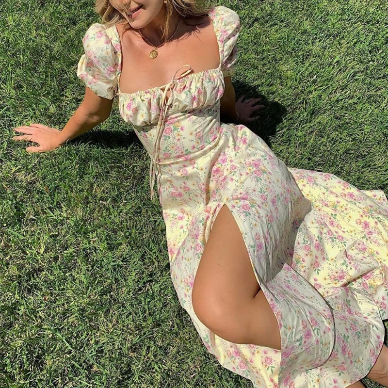 

Women Summer Puff Short Sleeve Floral Print Maxi Long Dress Ruched Lace-Up High Waist Sexy Split Flowy Vintage Boho A-Line K4UB