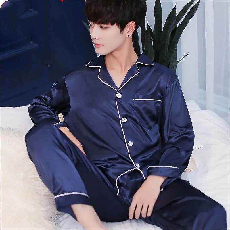Men's Rayon Silk Pajamas Sexy Stripe Sleepwear Set Pajama Set Top Full Sleeve Shirt Pant Big 2PCS/Suit Men Homewear kPaCotAkoWka