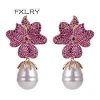 fxlry fashion rose red big flower full stone setting irregular pearl drop earrings women wedding bride party jewelry gift